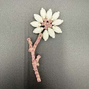 Vintage White Milk Glass Pink Rhinestone Flower Brooch Gold Tone 1950s Unsigned